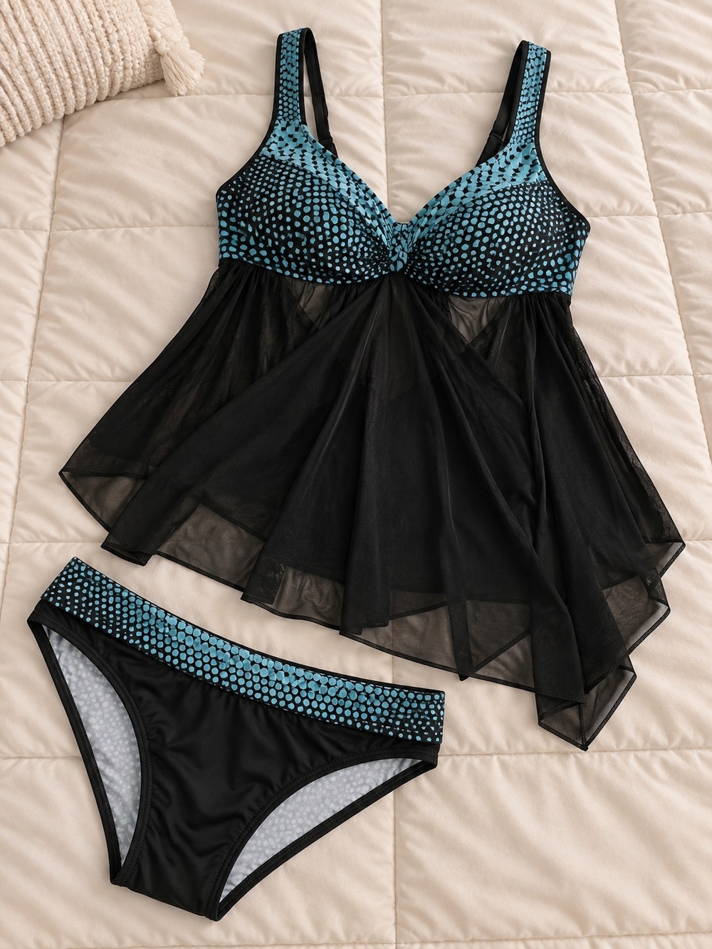 Women’s Black & Teal Dot Mesh Tankini Set